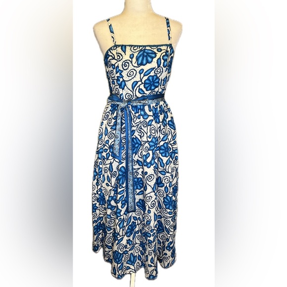 Current Air Blue and White Floral Midi Dress Crochet Accent Belted Pockets Small - Picture 4 of 14